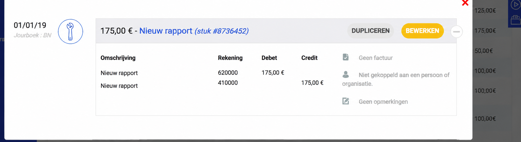 Boekingsvenster van AssoConnect met een overgedragen resultaat van 175€ (stuk #5497827) met rekening 120000 in debet en 110000 in credit.