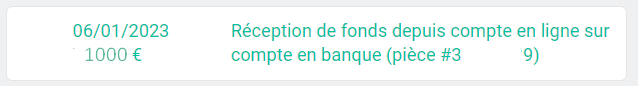 Boekingslijn met een ontvangst van gelden van 1000 € van een online rekening naar een bankrekening, met datum 06/01/2023