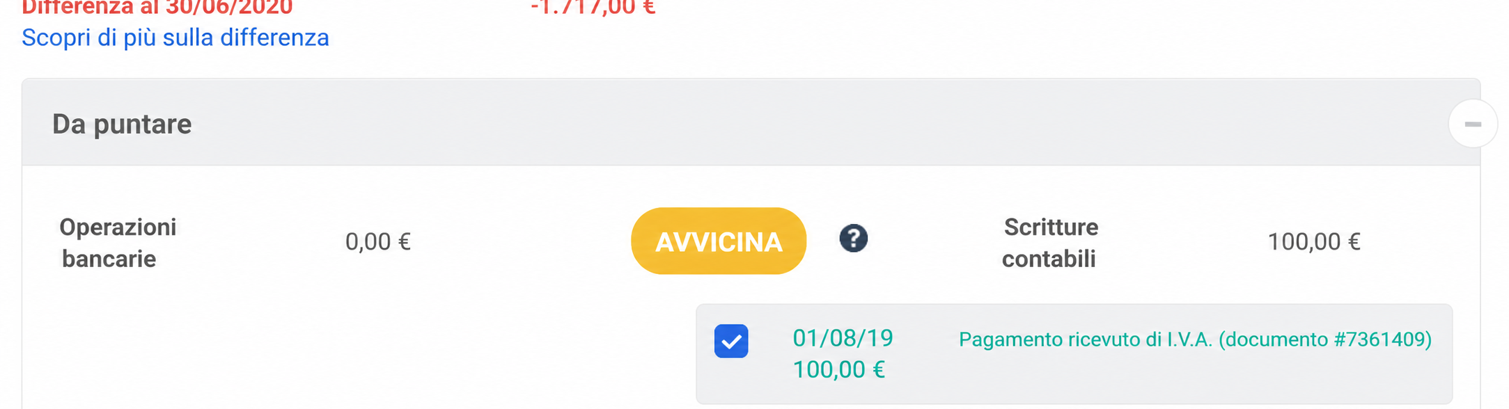 Interfaccia di riconciliazione bancaria AssoConnect che mostra uno scostamento di -1 717 € al 30/06/2020 e una scrittura contabile di 100 € da spuntare