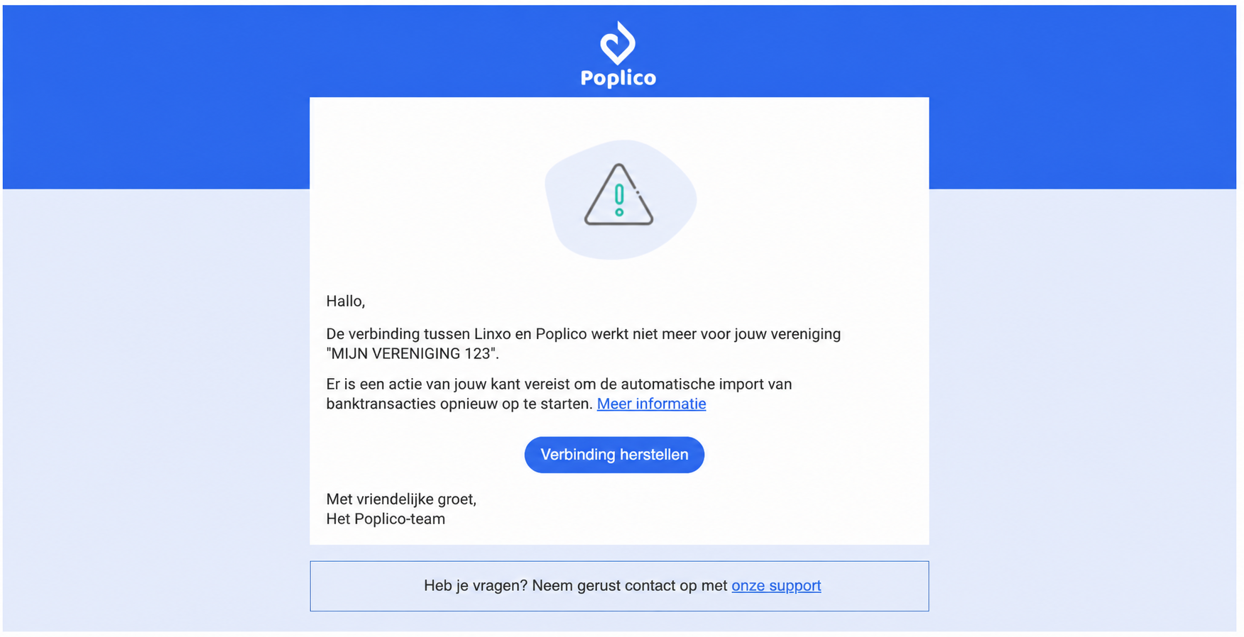 Waarschuwingsmail van AssoConnect die aangeeft dat de bankverbinding met Linxo onderbroken is, met een knop “Rétablir la connexion”