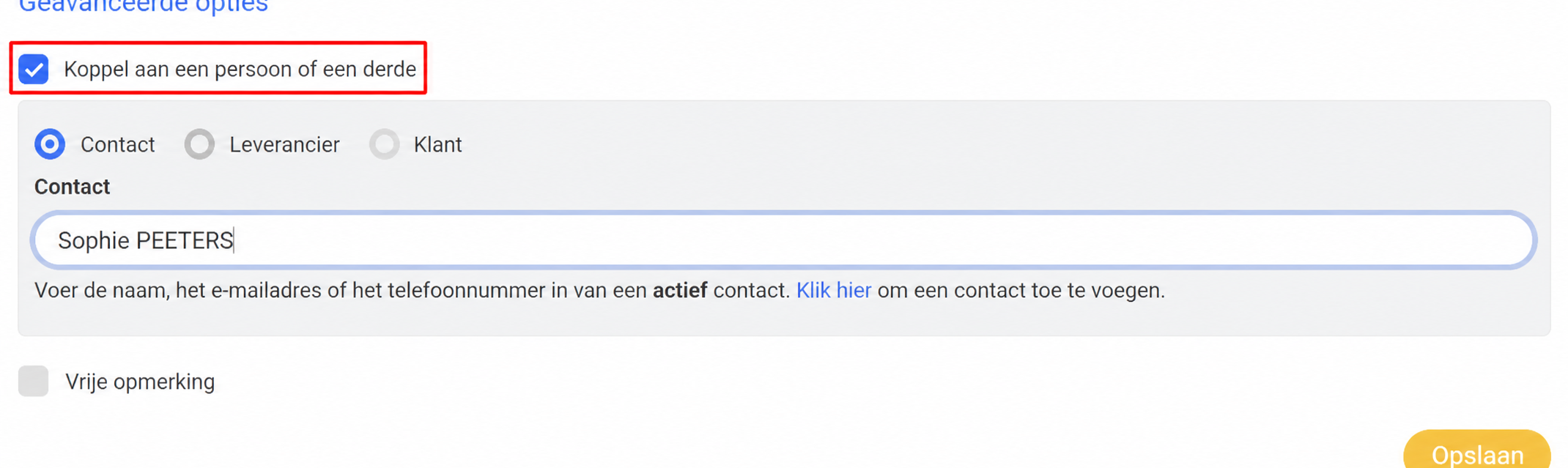 Geavanceerde opties met het vakje « Lier à une personne ou un tiers » aangevinkt en de contactpersoon « Marie CLAIRE » ingevuld in het veld Contact