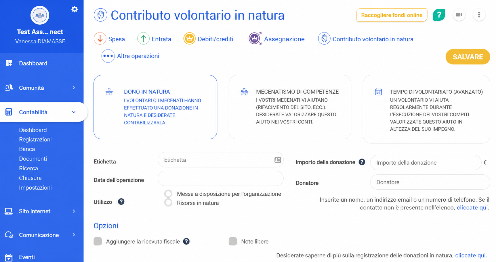 Formulaire de saisie d'une contribution volontaire en nature dans AssoConnect, avec les options Don en nature, Mécénat de compétence et Temps bénévoles