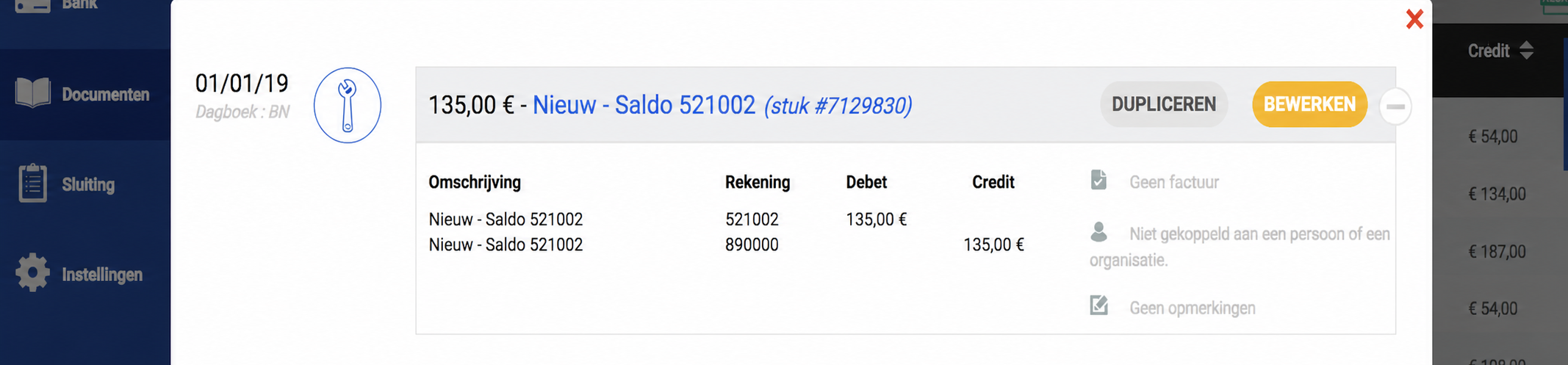 Detailvenster van een boeking Openingsboeking Saldo 512001 van 125€ op 01/01/19, met de knoppen Dupliceren en Bewerken.