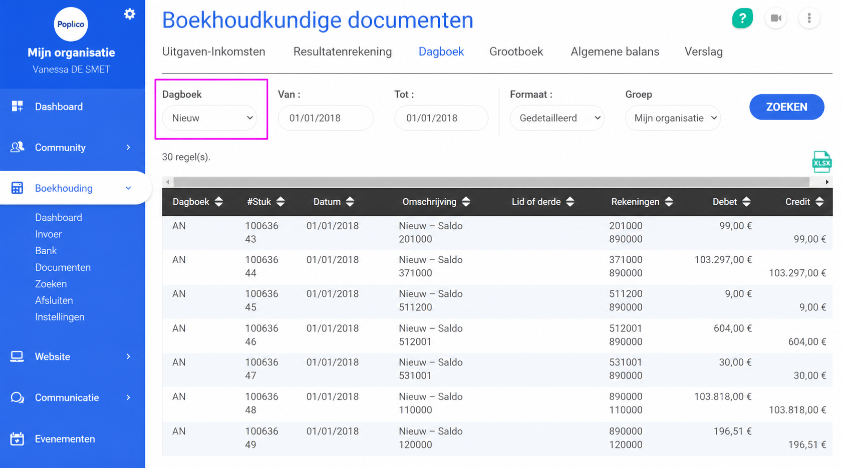 Pagina Boekhoudkundige documenten > Dagboek met de filter « Openingsboekingen » geselecteerd, met 30 boekingsregels op 01/01/2018