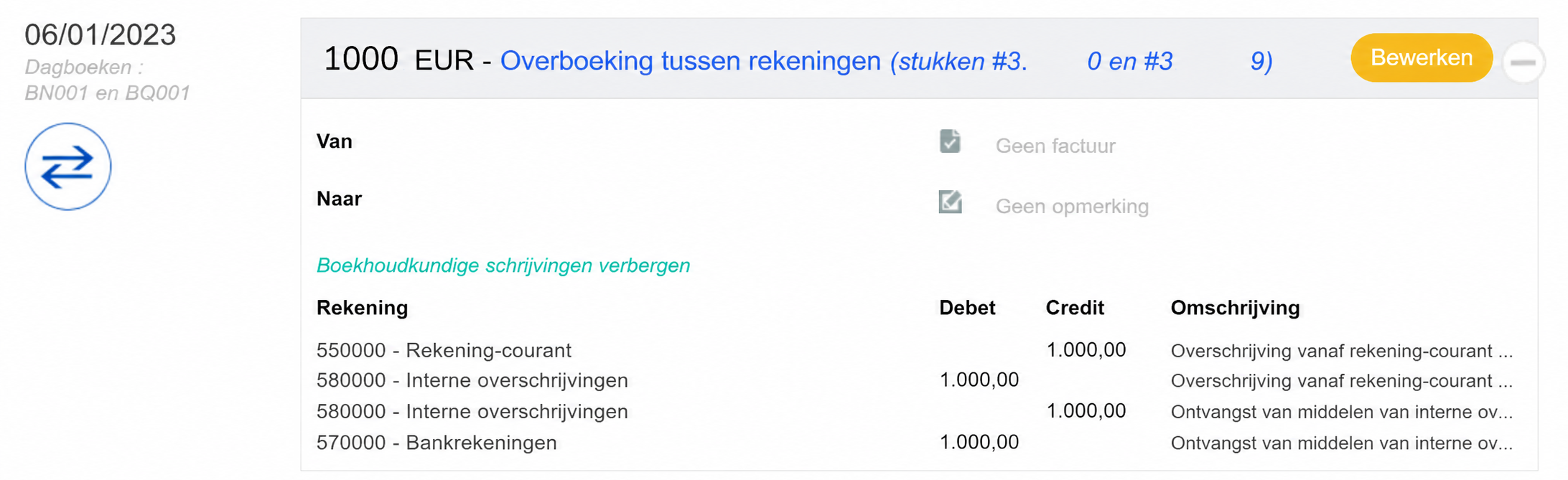 Detail van een overschrijving tussen rekeningen van 1000 EUR in AssoConnect, met de bijbehorende boekingen (rekeningen 517001, 580000 en 512001).