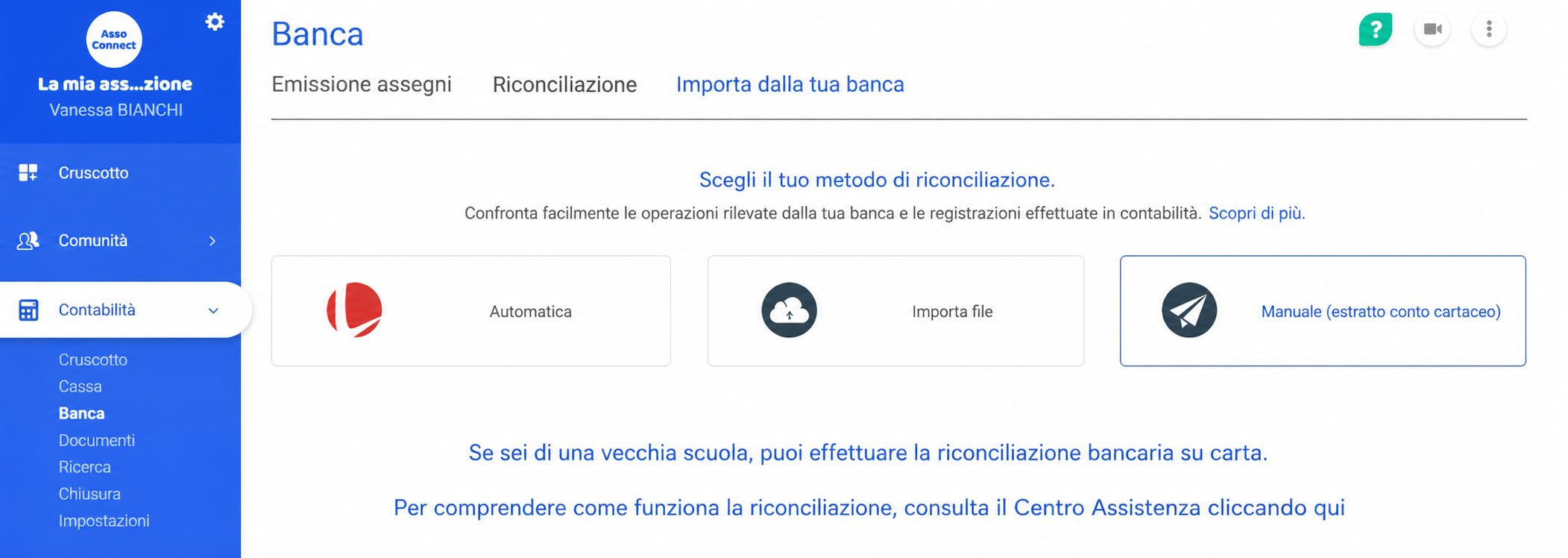 Pagina Banca di AssoConnect, scheda « Importazione dalla tua banca », con i tre metodi di riconciliazione: Automatico, Importazione di file e Manuale (estratto conto cartaceo).