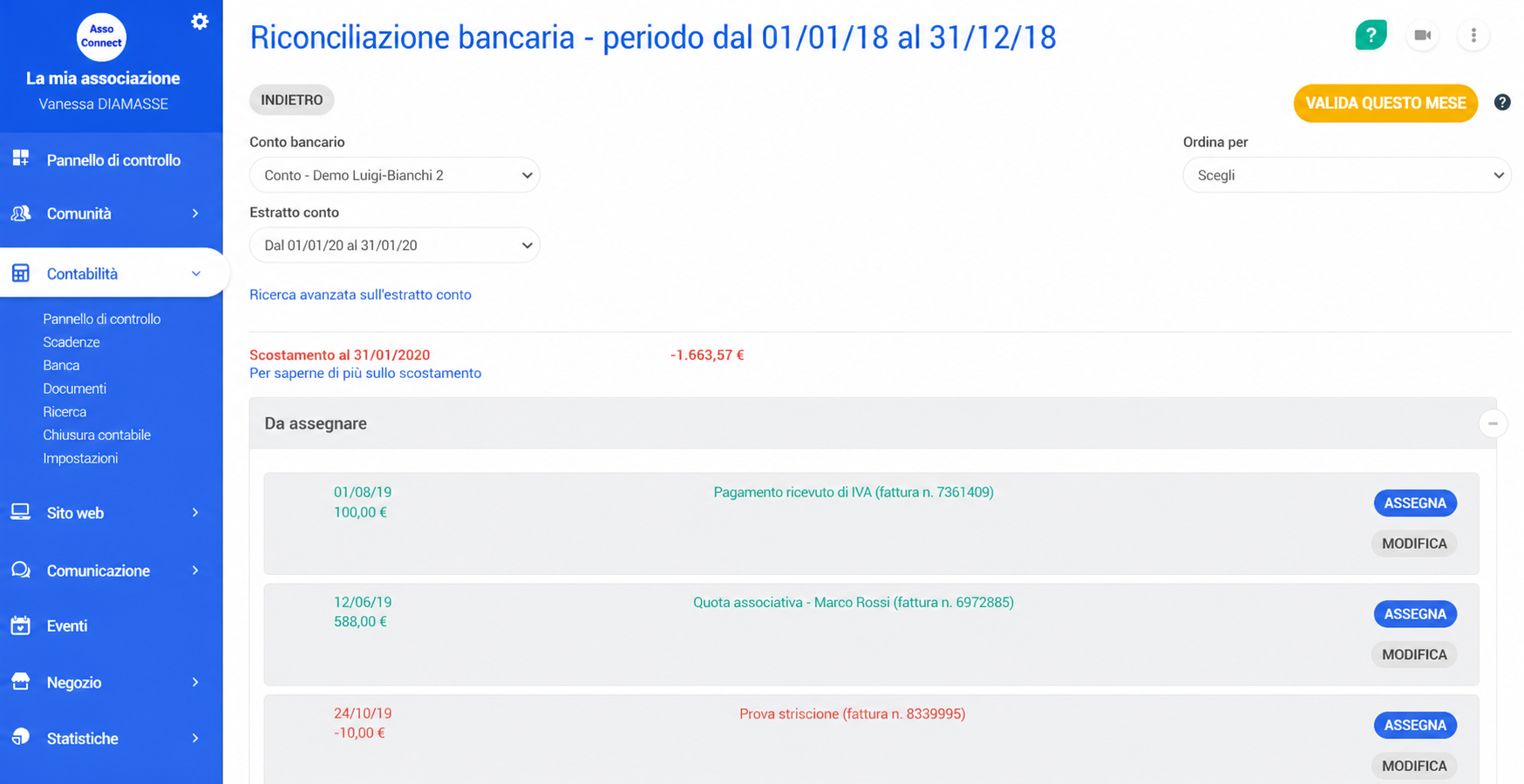 Schermata di riconciliazione bancaria AssoConnect per il periodo dal 01/01/18 al 31/12/18, che mostra le transazioni da spuntare con le relative date e importi.