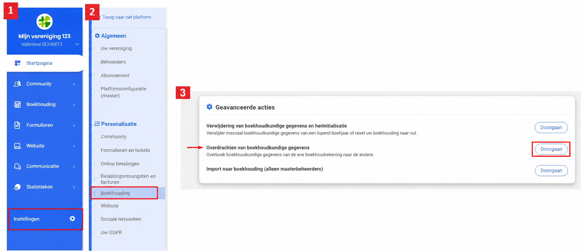 AssoConnect-interface met de toegang tot « Overdracht van boekingen » via Instellingen > Boekhouding > Geavanceerde acties, met de knop Doorgaan in het rood omkaderd.
