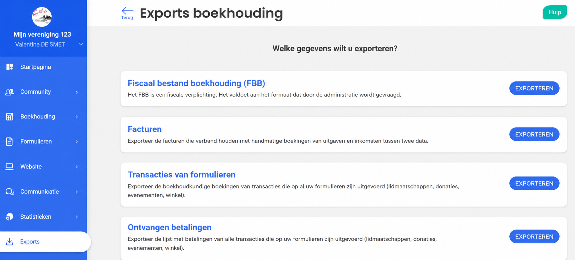 Pagina « Boekhoudkundige exports » van AssoConnect met de knop Exporteren van de sectie Facturen aangeduid met een rood kader
