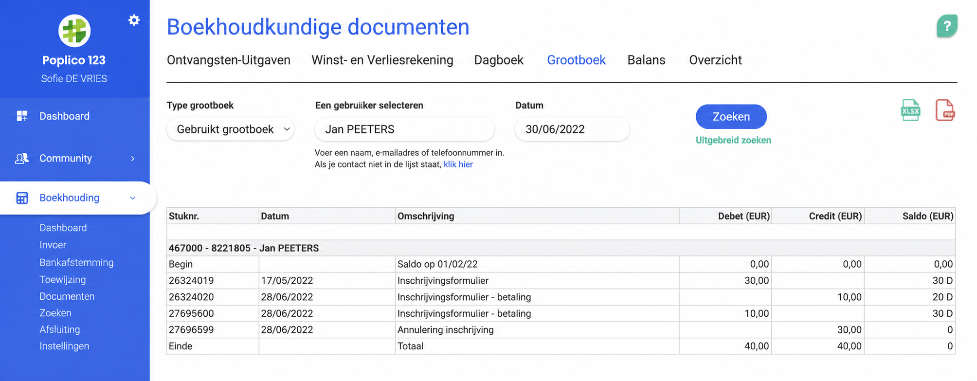 Grootboek gebruiker in AssoConnect, met de boekingen van Laurent CARTOUCHE op 30/06/2022 en een eindsaldo van € 0