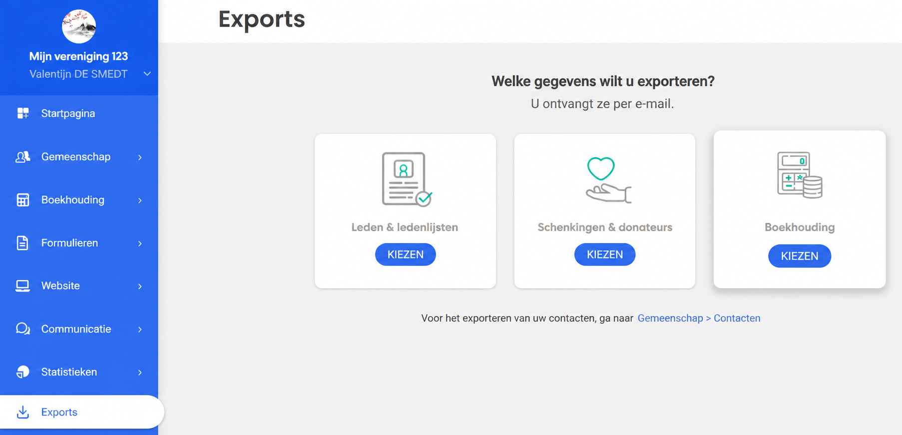 Pagina Exports van AssoConnect met de knop « Kiezen » van de kaart Boekhouding aangeduid met een rood kader