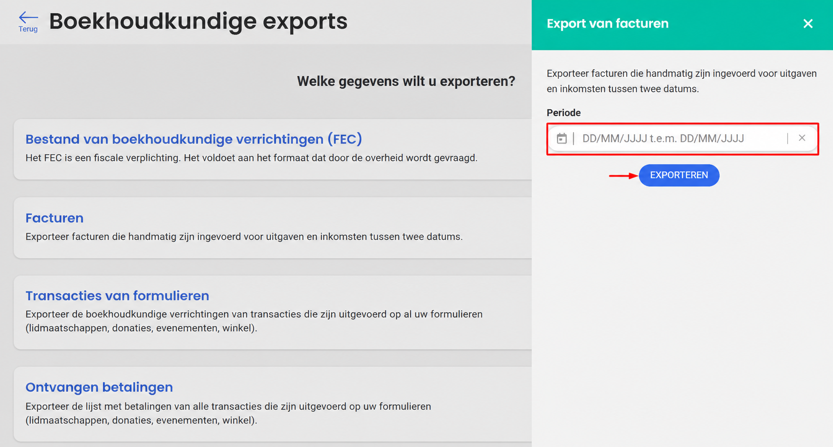 Paneel « Export van de facturen » geopend vanaf de pagina Boekhoudkundige exports, met een veld om de periode te kiezen en een knop « Exporteren »