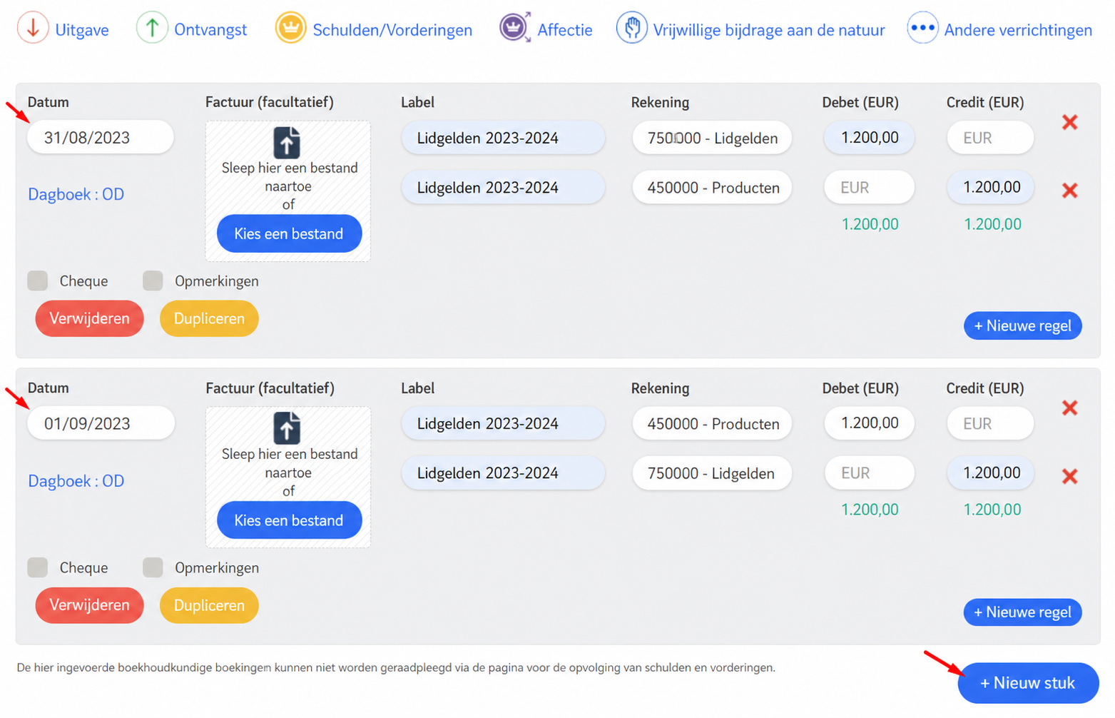 Interface voor de invoer van diverse boekingen (OD) in AssoConnect, met twee stukken gedateerd 31/08/2023 en 01/09/2023 voor de lidmaatschappen 2023-2024 (10 000 €), met de velden Datum, Omschrijving, Rekening, Debet en Credit in de kijker.