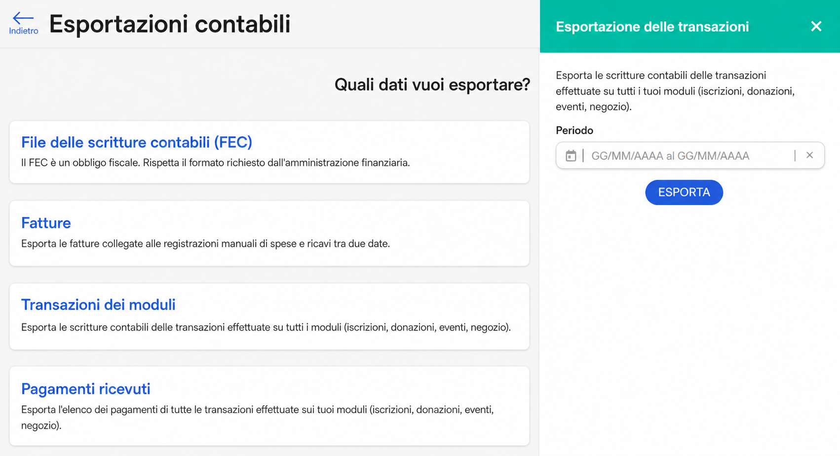 Pagina «Esportazioni contabili» con il pannello «Esportazione delle transazioni» aperto, che mostra un campo periodo e il pulsante «Esporta»