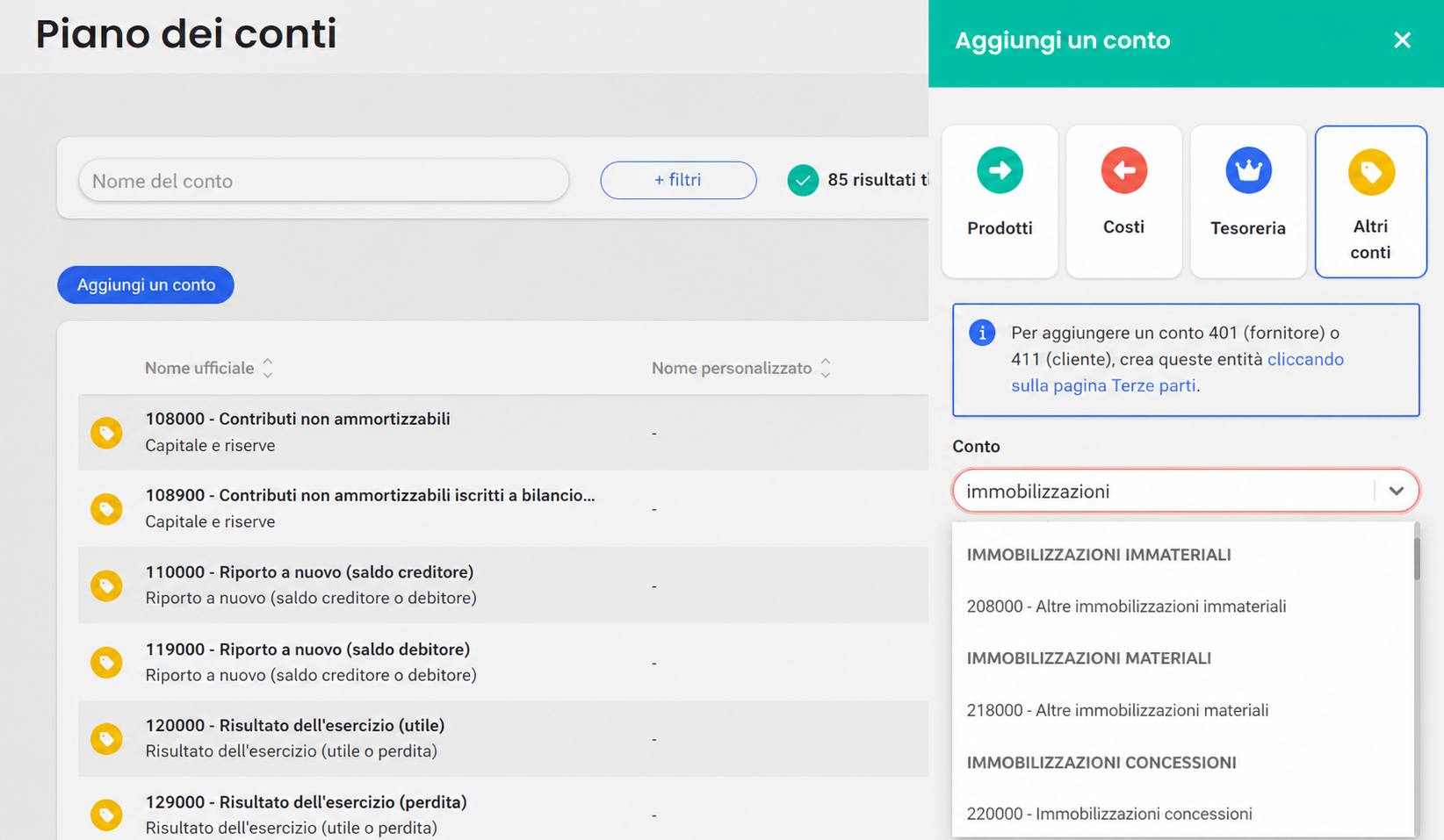 Piano dei conti AssoConnect: pannello « Ajouter un compte » aperto sulla scheda « Autres comptes », con una ricerca « immobilisa » che mostra risultati raggruppati.