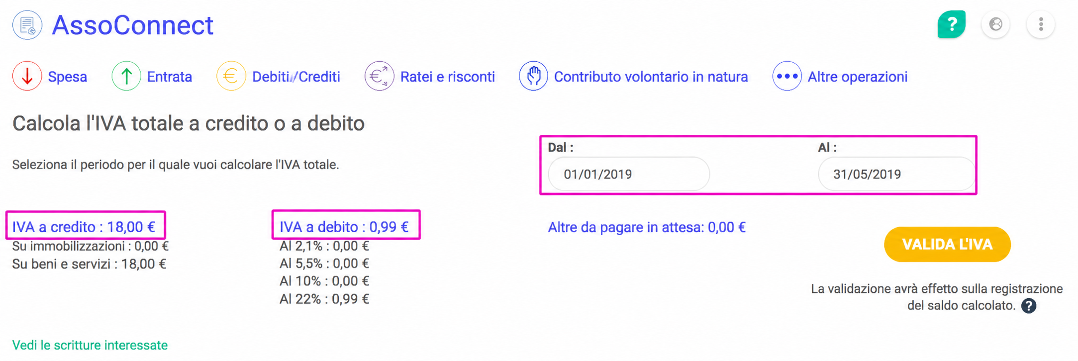 Pagina di calcolo dell'IVA in AssoConnect, che mostra un totale detraibile di 18 € e un totale incassato di 0,99 € nel periodo dal 01/01/2019 al 31/05/2019.