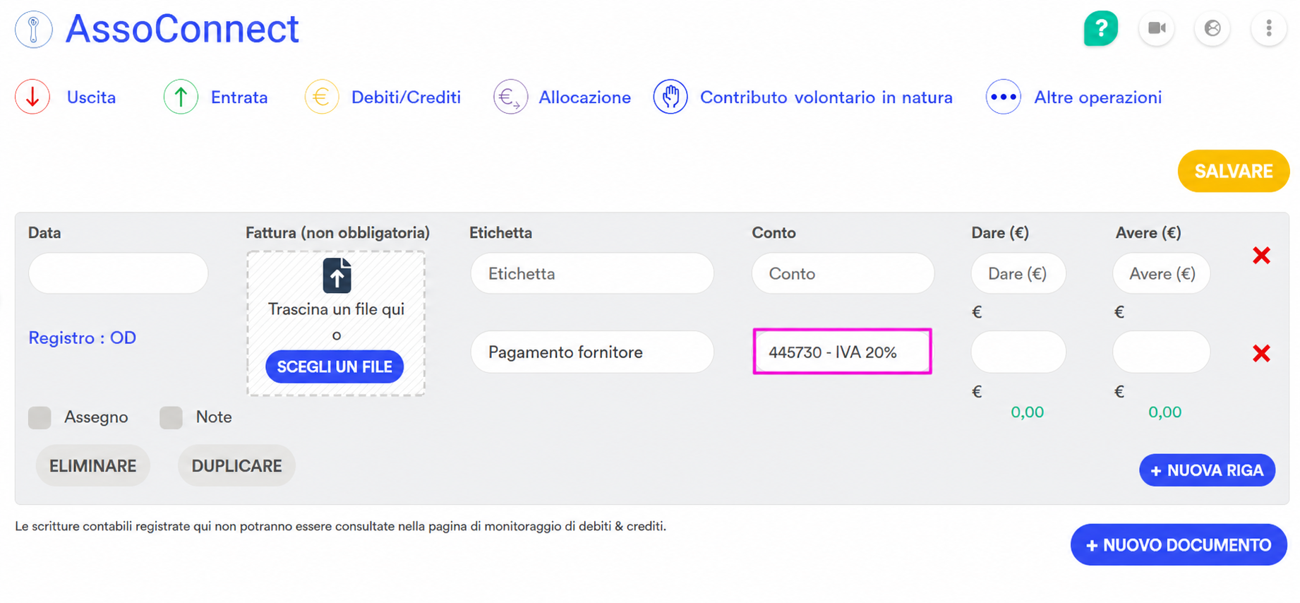 Schermata di registrazione avanzata in contabilità, con il conto «445730 - IVA 20%» evidenziato in un riquadro rosa sulla seconda riga della scrittura.