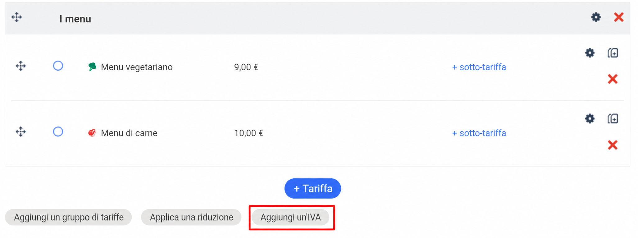 Sezione "I menu" con due tariffe (Menu vegetariano a 9 € e Menu carnivoro a 10 €) e il pulsante "Aggiungi un