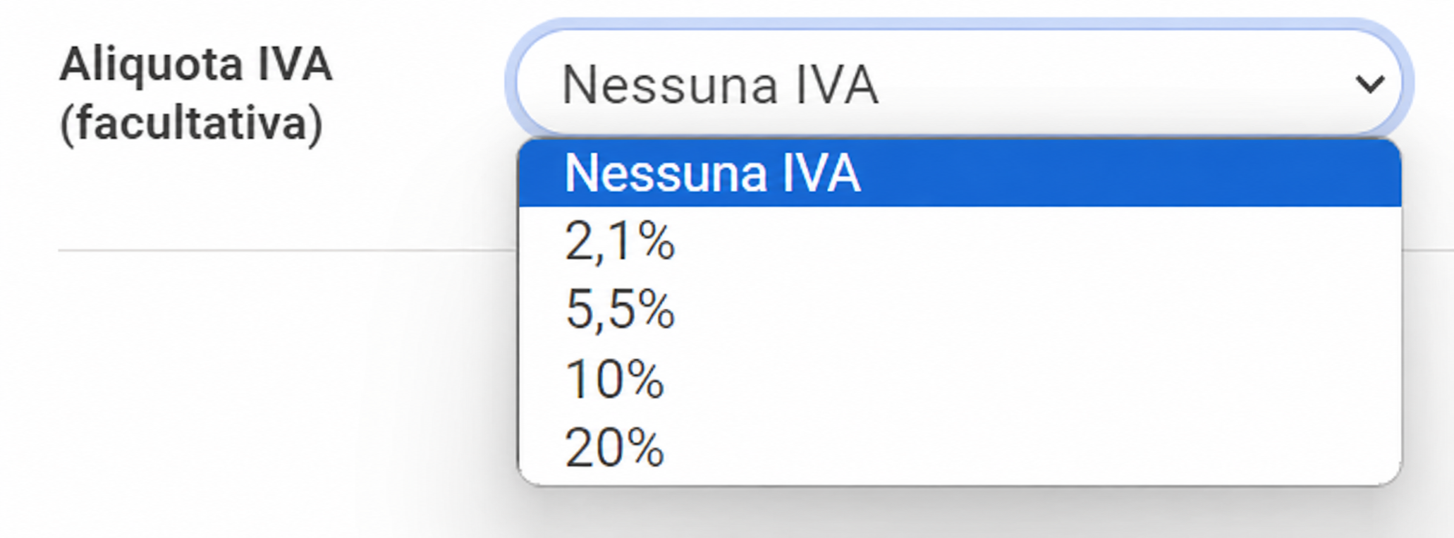 Menu a tendina «Aliquota IVA (facoltativa)» con le opzioni: Nessuna IVA, 2,1%, 5,5%, 10%, 20%