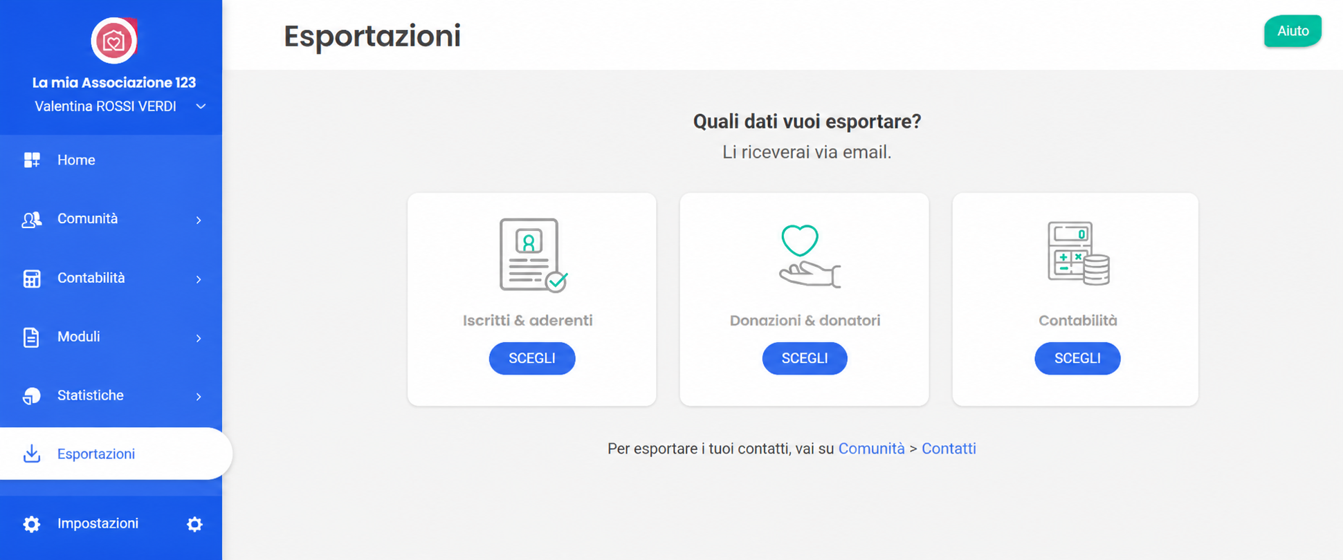 Pagina Esportazioni di AssoConnect con il menu «Esportazioni» in evidenza e il pulsante «Scegli» della scheda Contabilità cerchiato in rosso.