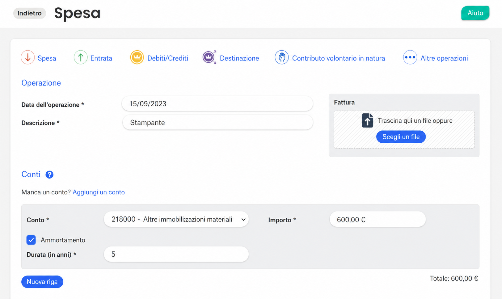 Modulo di spesa AssoConnect con il conto 218000 (immobilizzazioni materiali), un importo di 600 € e l'ammortamento attivato su 5 anni.