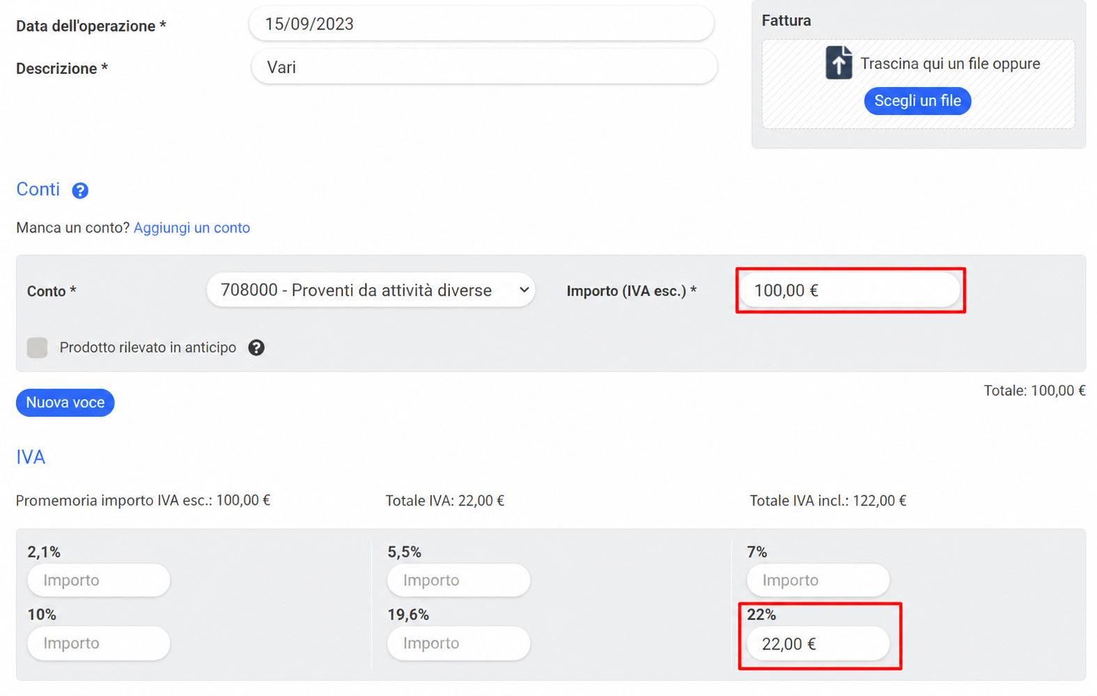 Modulo di registrazione contabile AssoConnect con un importo imponibile di 100 €, conto 708000 e IVA al 20% (20 €) evidenziata.