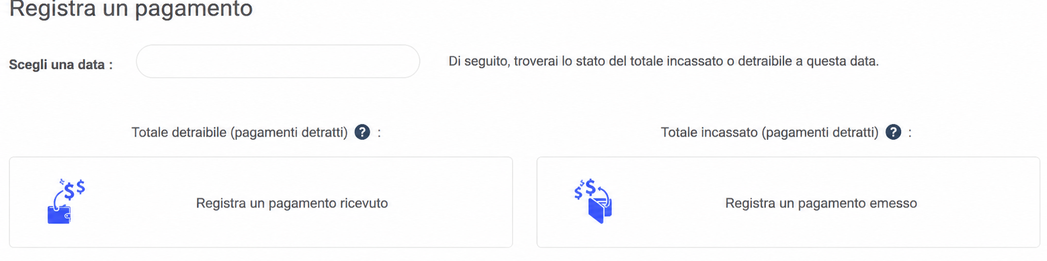 Interfaccia di registrazione di un pagamento su AssoConnect, con selezione della data e pulsanti per registrare un pagamento ricevuto o emesso
