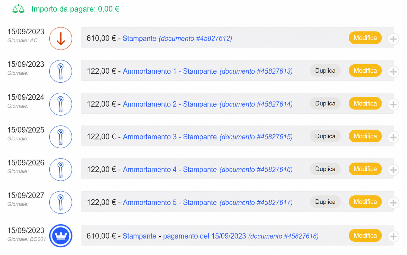 Scheda di immobilizzazione di una stampante da 600 € con 5 ammortamenti annuali di 120 € dal 2023 al 2027 e un pagamento associato, saldo residuo da pagare: 0 €