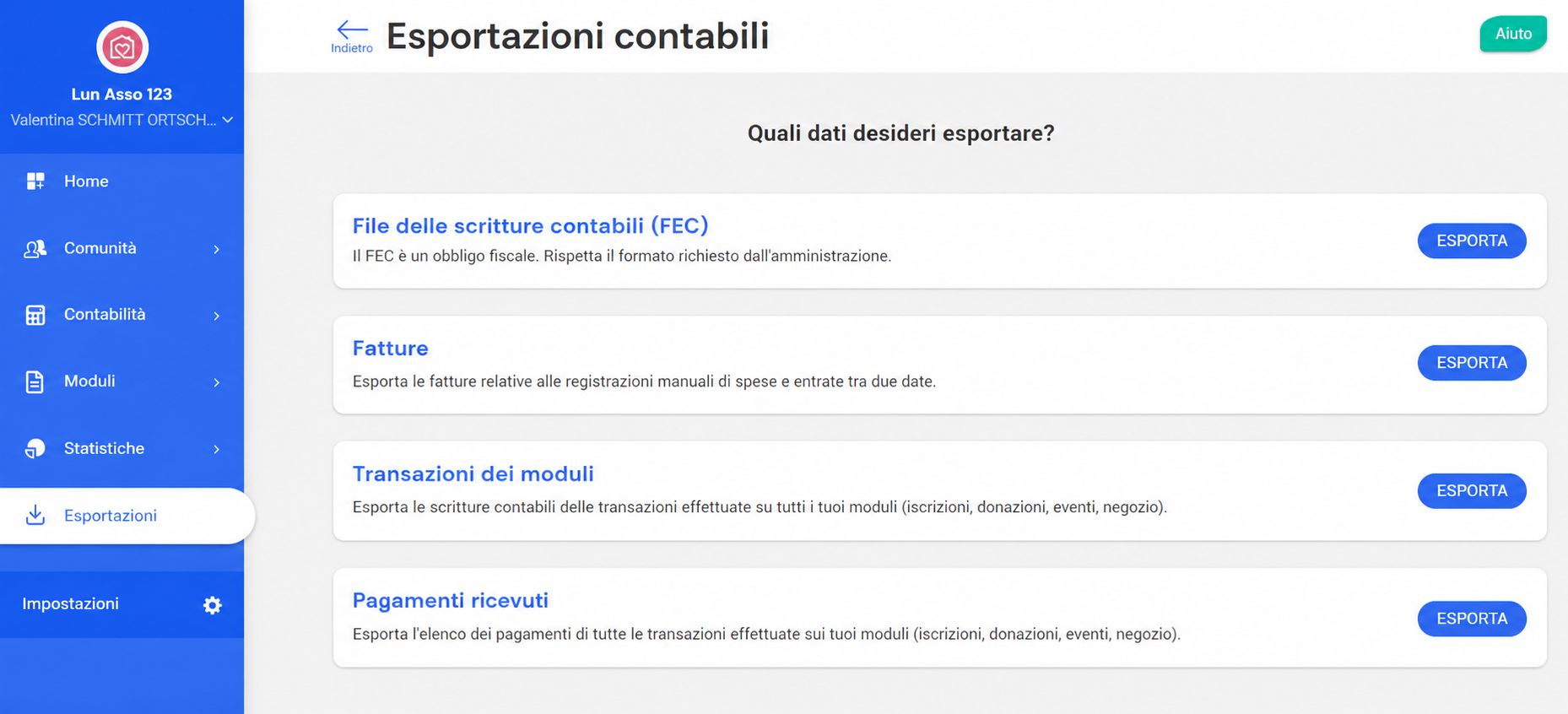 Pagina « Esportazioni contabili » di AssoConnect con il menu Esportazioni selezionato e il pulsante Esportare del FEC evidenziato
