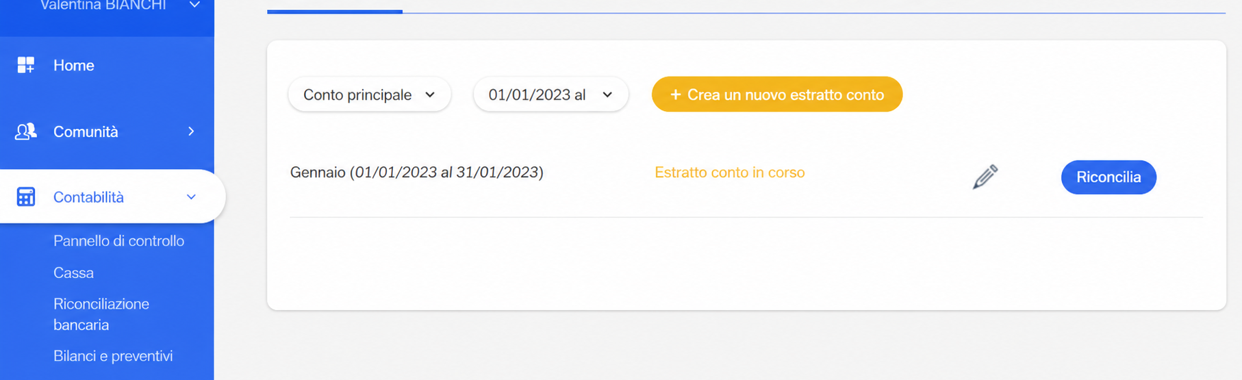 Pagina Rapprochement bancaire in AssoConnect, con il pulsante giallo « + Créer un nouveau relevé » evidenziato e un estratto di gennaio 2023 in corso.
