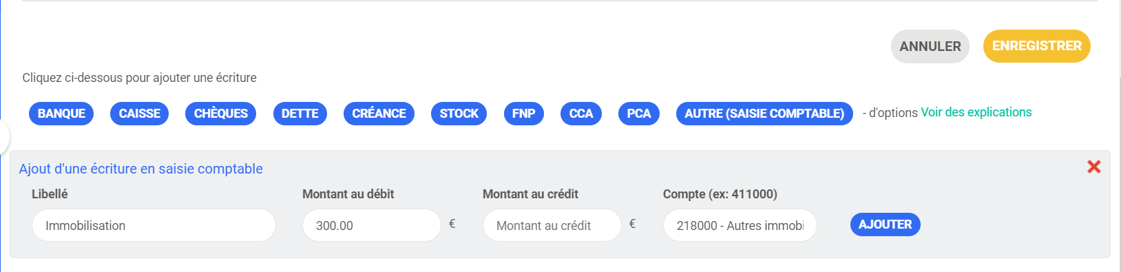 Modulo di registrazione contabile in AssoConnect, con la descrizione « Immobilisation », un importo in dare di 300 € e il conto 218000.