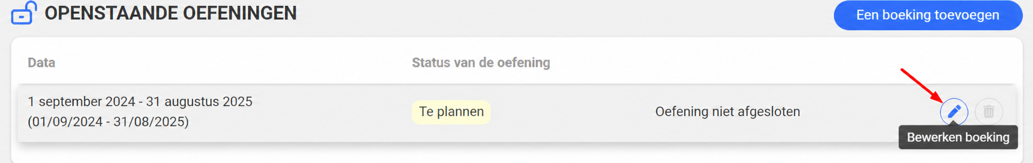 Rubriek « Openstaande boekjaren » met een boekjaar 2024-2025 met status « Aankomend », en de knop « Boekjaar bewerken » gemarkeerd.
