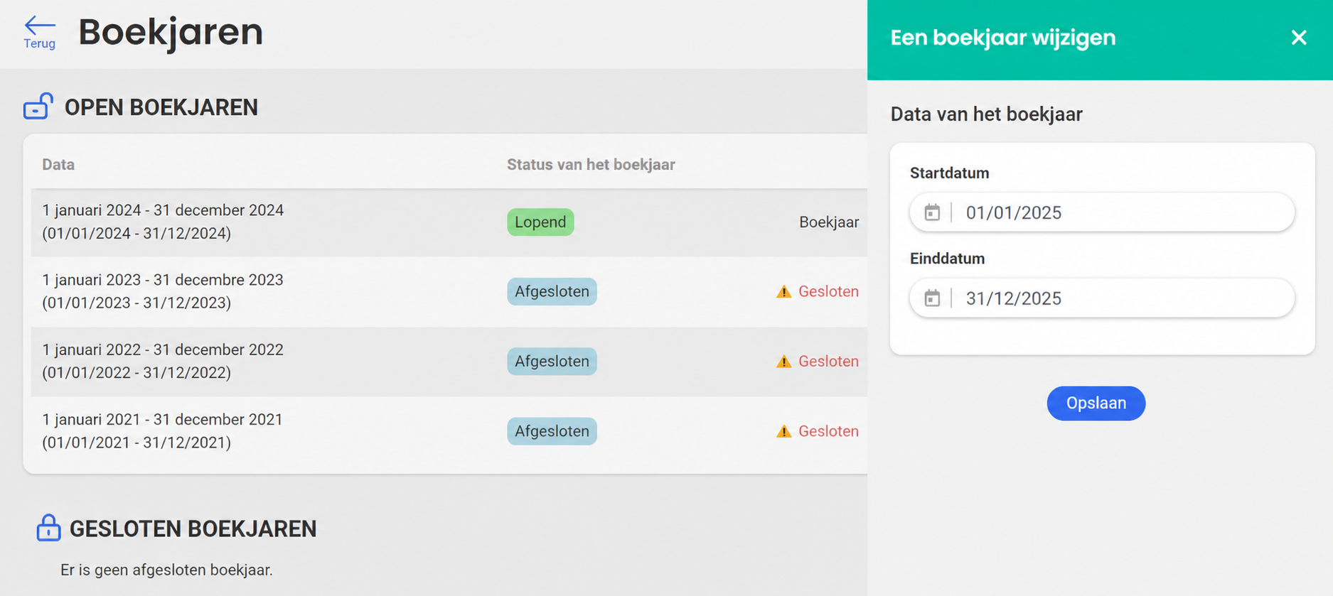 Paneel « Een boekjaar wijzigen » met een begindatum op 01/01/2025 en een einddatum op 31/12/2025, en de knop Opslaan.