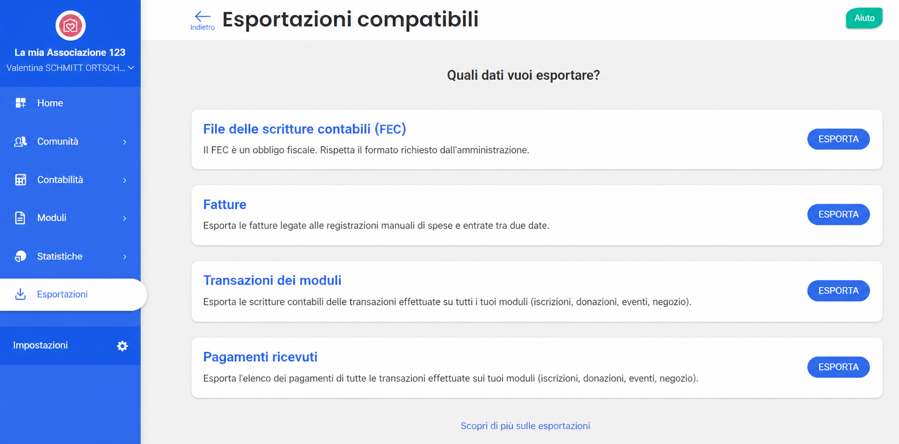 Pagina «Esportazioni contabili» di AssoConnect con le opzioni FEC, Fatture, Transazioni dei moduli e Pagamenti ricevuti, le ultime due evidenziate da frecce rosse