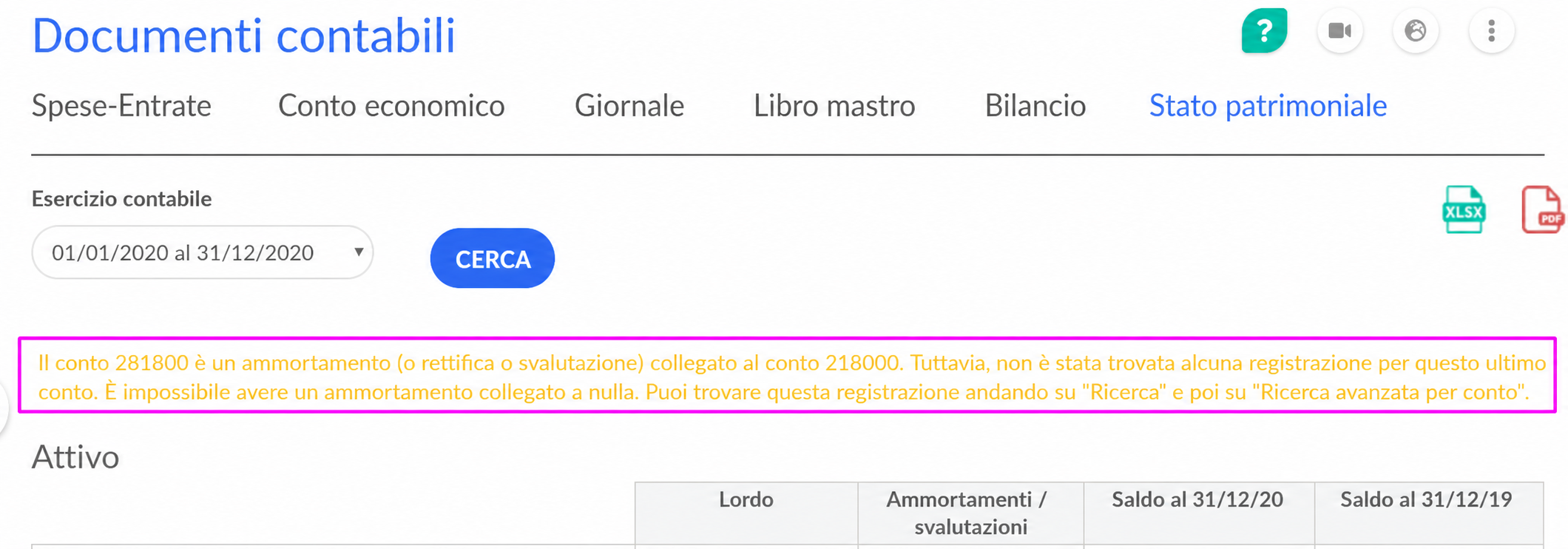 Pagina Stato patrimoniale dei Documenti contabili con un messaggio di avviso in rosa: il conto 281800 (ammortamento) è collegato al conto 218000 senza scrittura associata.
