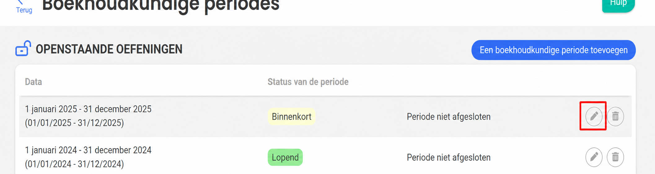 Pagina « Boekjaren » met twee openstaande boekjaren, waarbij de bewerkingsknop (potlood) voor boekjaar 2025 is gemarkeerd.