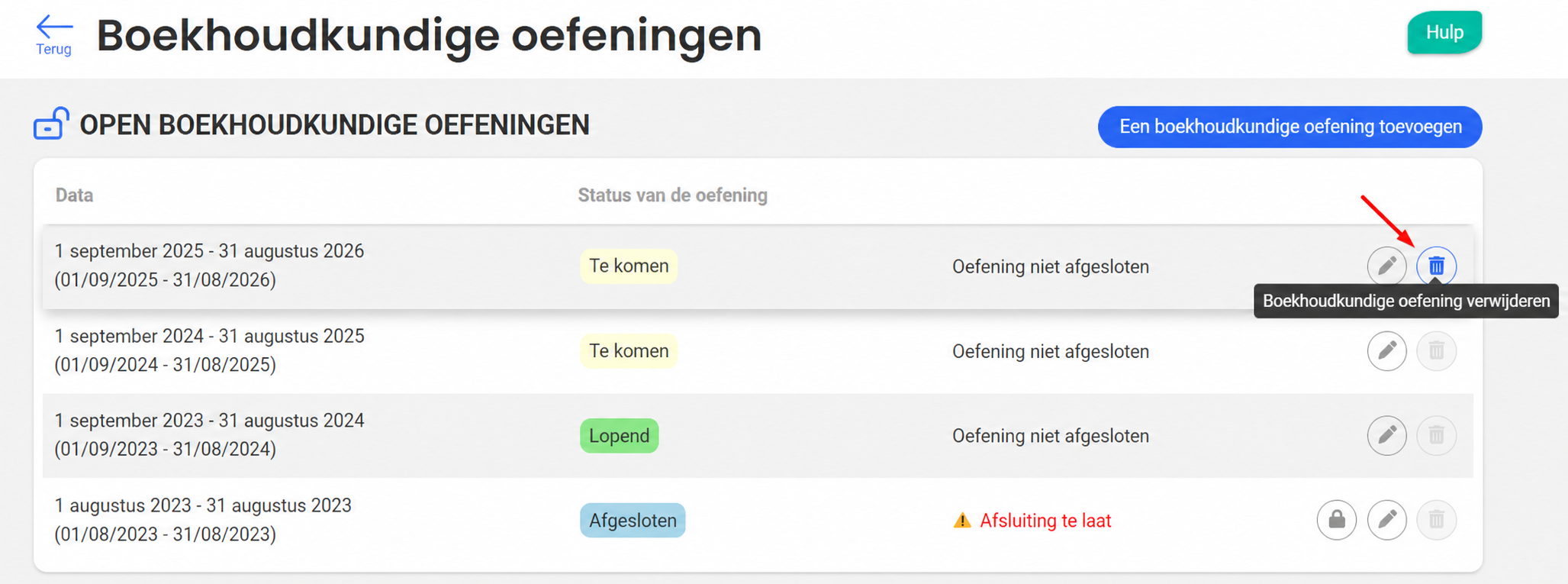Pagina « Boekjaren » van AssoConnect met de lijst van openstaande boekjaren en de knop « Boekjaar verwijderen » aangeduid met een rode pijl