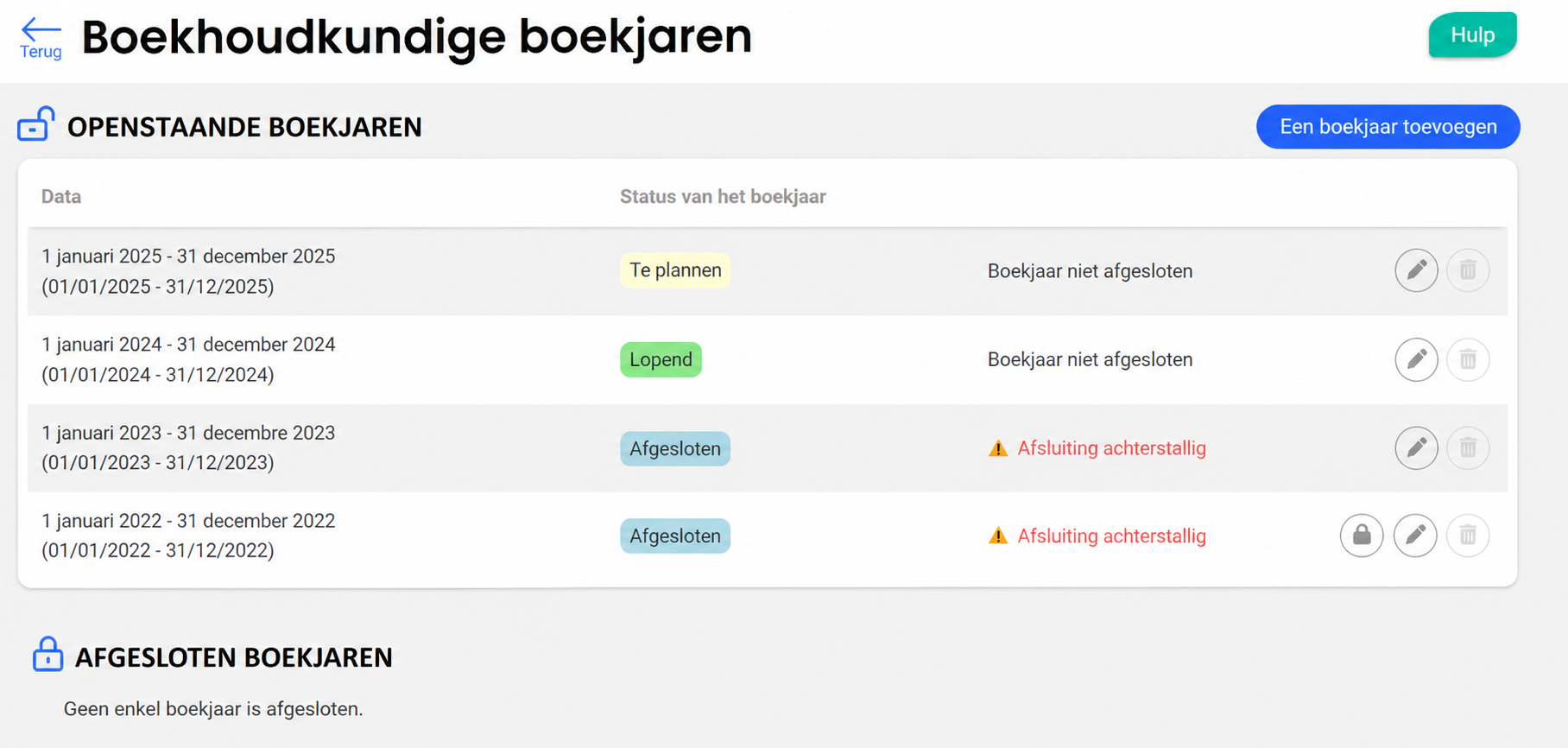 Pagina « Boekjaren » met vier openstaande boekjaren (2022 tot 2025) en hun statussen: Aankomend, Lopend, of Beëindigd met achterstallige afsluiting