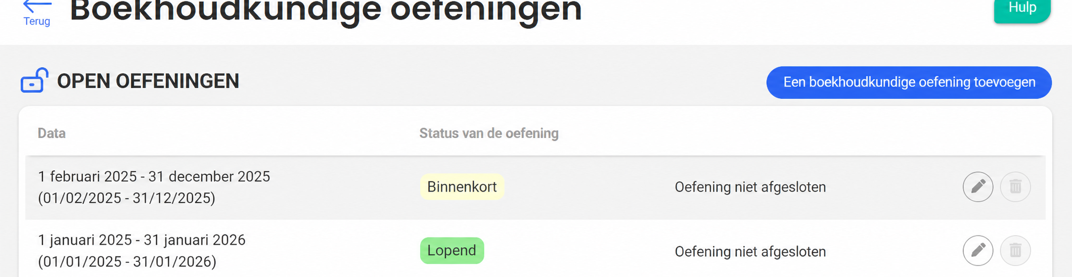 Pagina « Boekjaren » met twee openstaande boekjaren: één « Aankomend » (02/2025–12/2025) en één « Lopend » (01/2024–01/2025), met de data rood omkaderd.