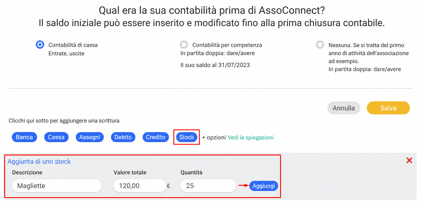Modulo AssoConnect « Ajout d'un stock » con il pulsante Stock evidenziato e un esempio: dicitura « Casquettes », valore 100 €, quantità 20