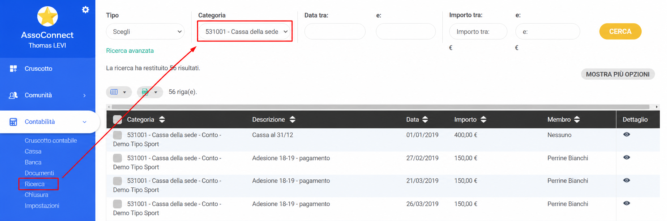Modulo Comptabilité > Recherche in AssoConnect, con il filtro Categoria impostato su «531001 - Caisse du siège» e 56 risultati visualizzati nella tabella.