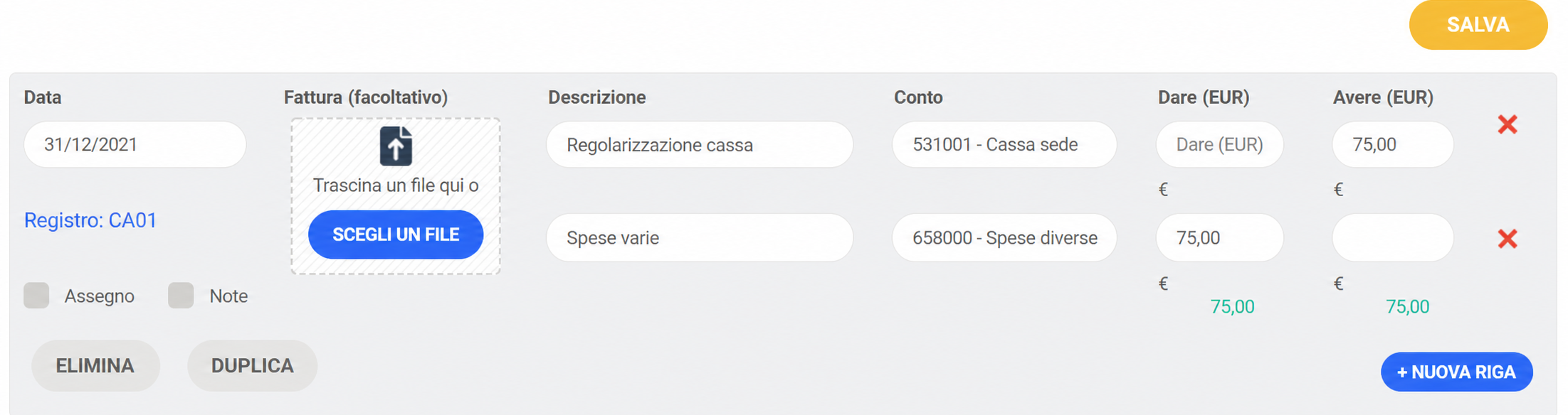 Registrazione di una scrittura contabile di rettifica cassa al 31/12/2021 in AssoConnect, con due righe dare/avere di 50 € sui conti 531001 e 658000