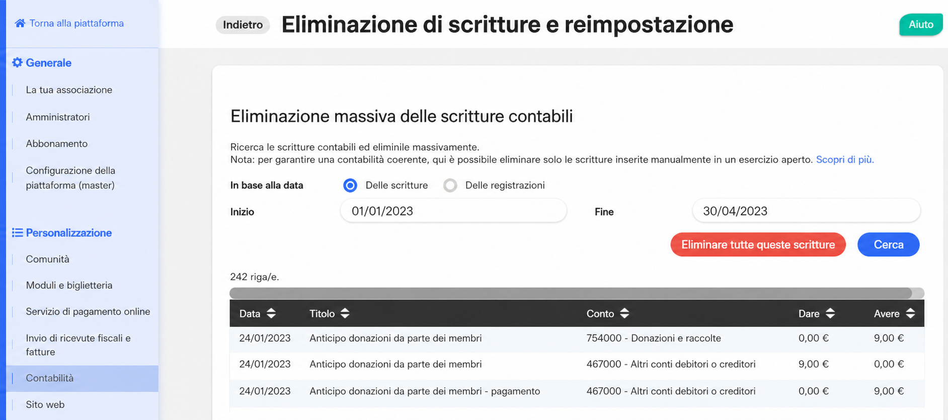 Pagina « Eliminazione delle scritture e reimpostazione » di AssoConnect, con un filtro per data (01/01/2023 – 30/04/2023) e 242 righe di scritture contabili elencate.