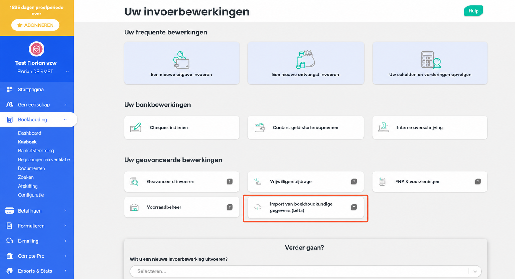 Pagina « Vos opérations de saisie » in AssoConnect, met de tegel « Import d'écritures (beta) » gemarkeerd door een rood kader