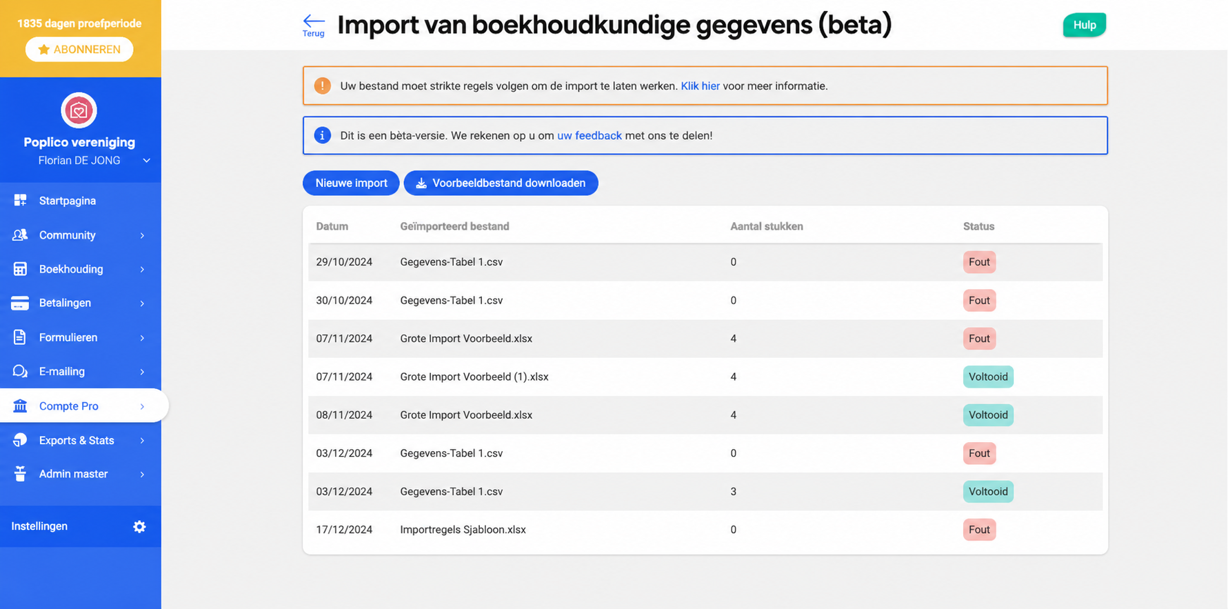 Pagina « Import d'écritures (beta) » met de historiek van de imports en de knop « Nouvel import » rood omkaderd.