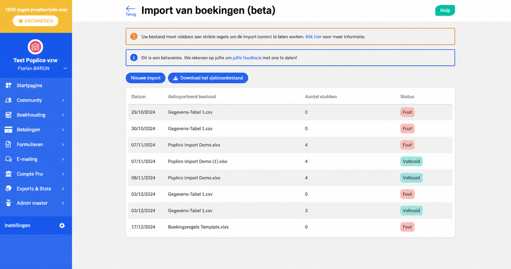 Pagina « Import d'écritures (beta) » van AssoConnect, met de historiek van de imports met hun datums, bestanden, aantal stukken en statussen (Fout of Voltooid).