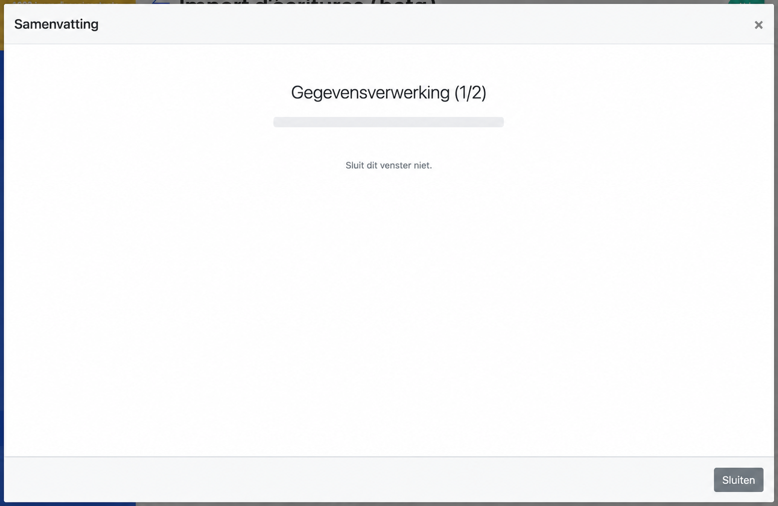 Modaal venster « Soumettre » met de verwerking van de gegevens in uitvoering (stap 1/2), met een voortgangsbalk en een bericht met de vraag om de browser niet te sluiten