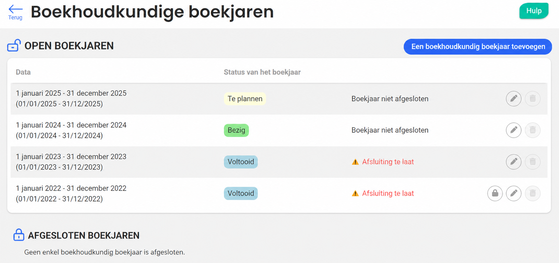 Pagina « Boekjaren » met vier openstaande boekjaren en hun statussen: Aankomend, Lopend, en Beëindigd (achterstallige afsluiting)