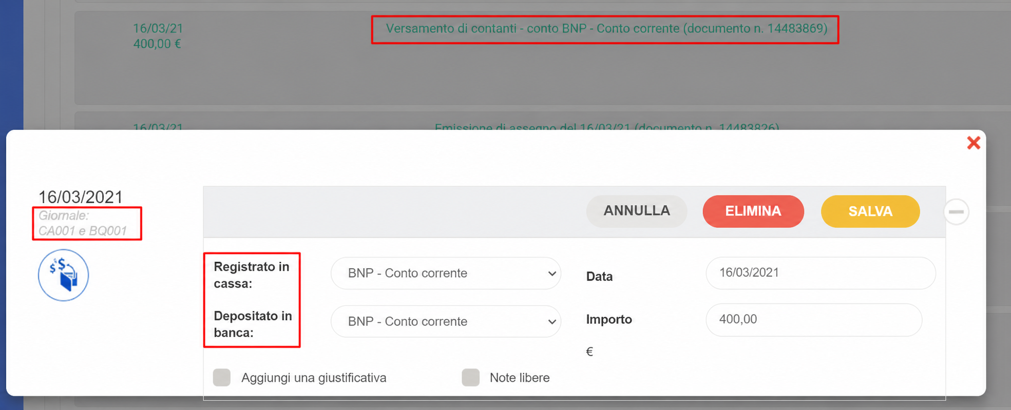 Finestra di dettaglio di un versamento di contanti del 16/03/2021: 400 € prelevati e versati sul conto BNP – Conto corrente, con i pulsanti Annulla, Elimina e Salva.