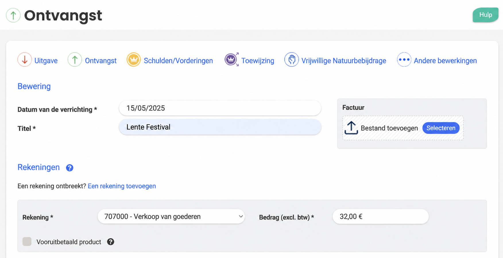Invoerformulier van een opbrengst in AssoConnect, met de datum 15/05/2025, de omschrijving « Recette Festival », rekening 707000 en een bedrag excl. btw van 27,00 €